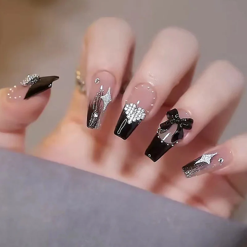 Gothic Gala Extra Long Coffin Black Silver Glitter Accents Press On Nails