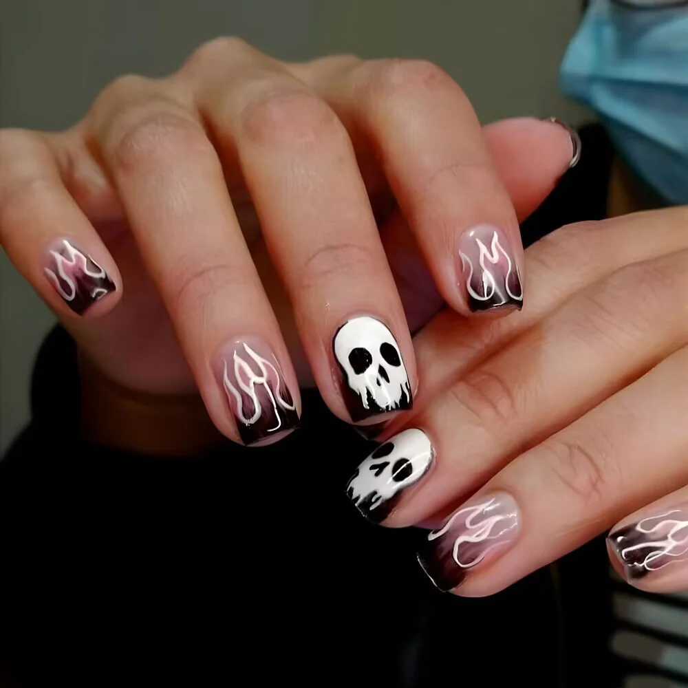 Gothic Glam Short Square Black and Pink Flame Design Press On Nail Set with Skull Accent