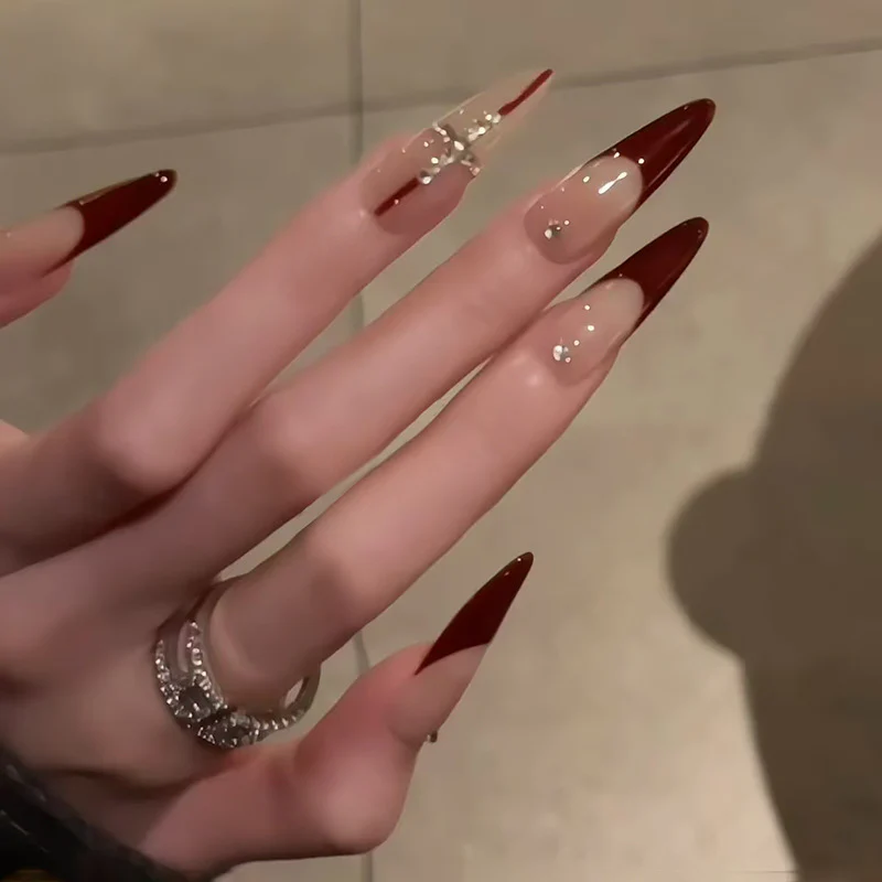 Gothic Glamour Long Almond Shaped Burgundy and Beige Press On Nail Set with Elegant Decorative Accents
