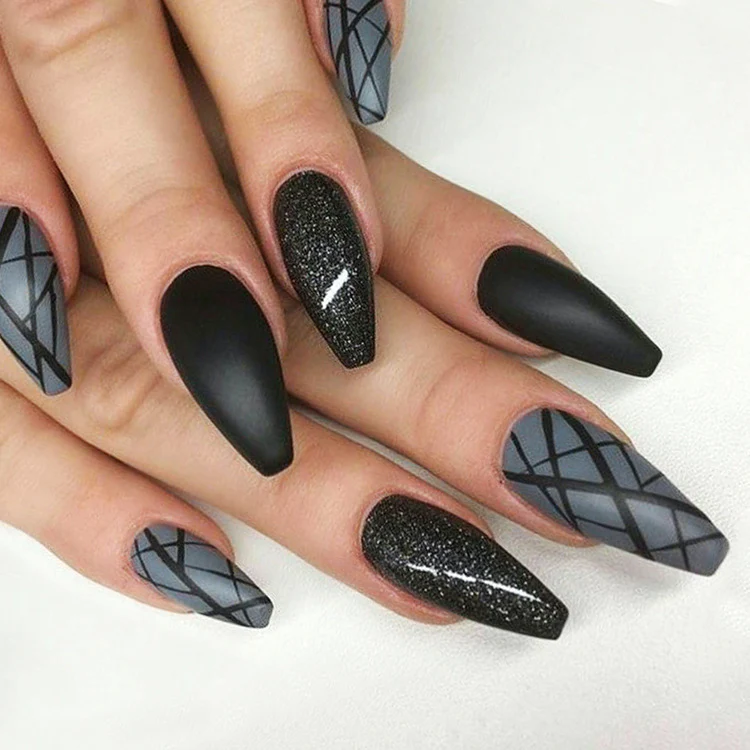 Gothic Glamour Long Coffin Press On Nail Set Black Gray with Glittering Accent