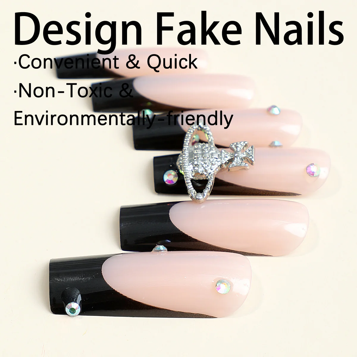 Gothic Glamour Long Square Midnight Black and Beige Press On Nails with Glitter Accents and Rhinestone Embellishments - Image 2