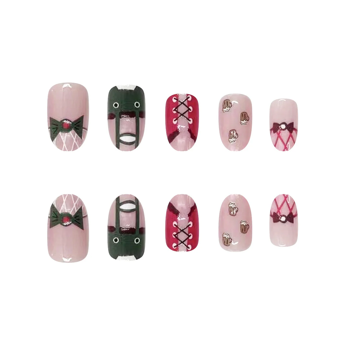 Gothic Romance Short Oval Pink and Burgundy Press On Nail Set with Lace and Bow Accents