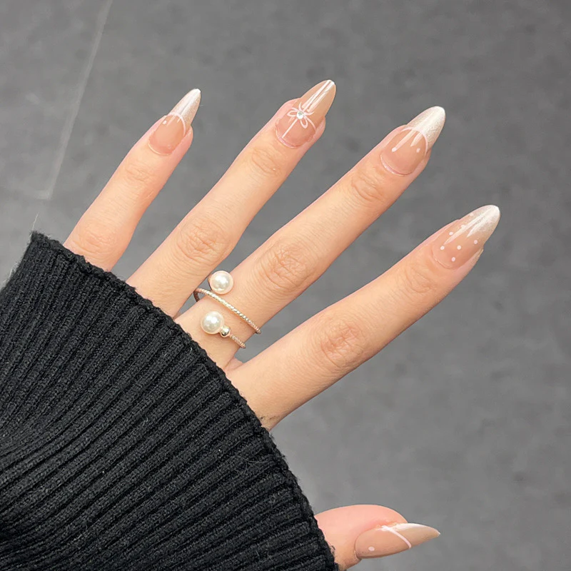 Graceful Elegance Medium Almond Gradient Beige with Delicate White Accents Press On Nail Set