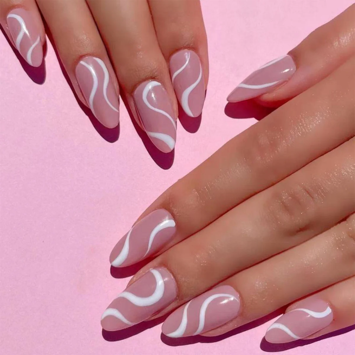 Groovy Baby Short Almond Pink Pattern Press On Nails