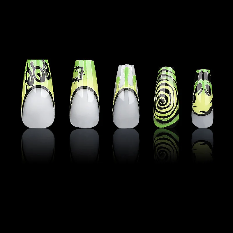 Groovy Green Medium Coffin Press On Nail Set with Fun Graphic Designs for Bold Style