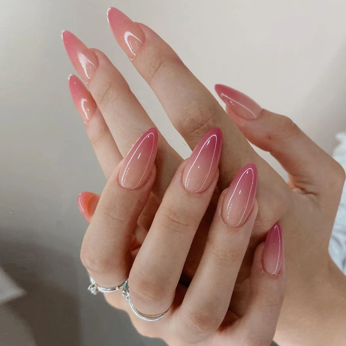 Grown Up Long Almond Pink Glossy Press On Nails