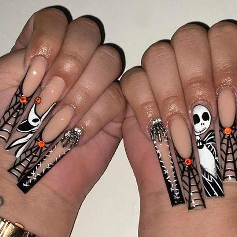 Halloween Glam Long Square Black And Orange Press On Nail Set With Spider Web And Skull Designs
