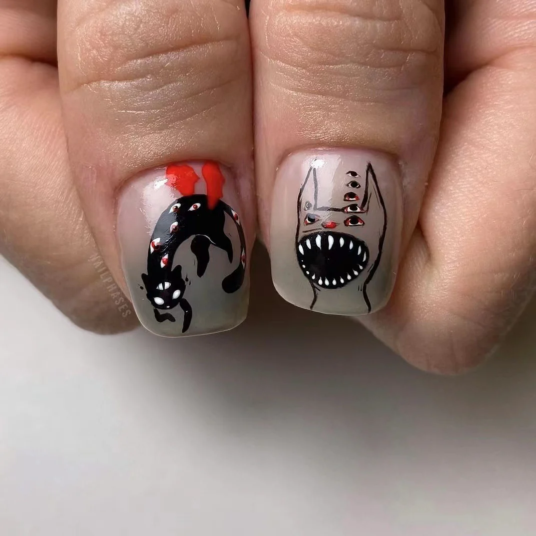 Halloween Spirit Medium Length Squoval Shape Black and Red Press On Nail Set with Monster and Creature Feature Design