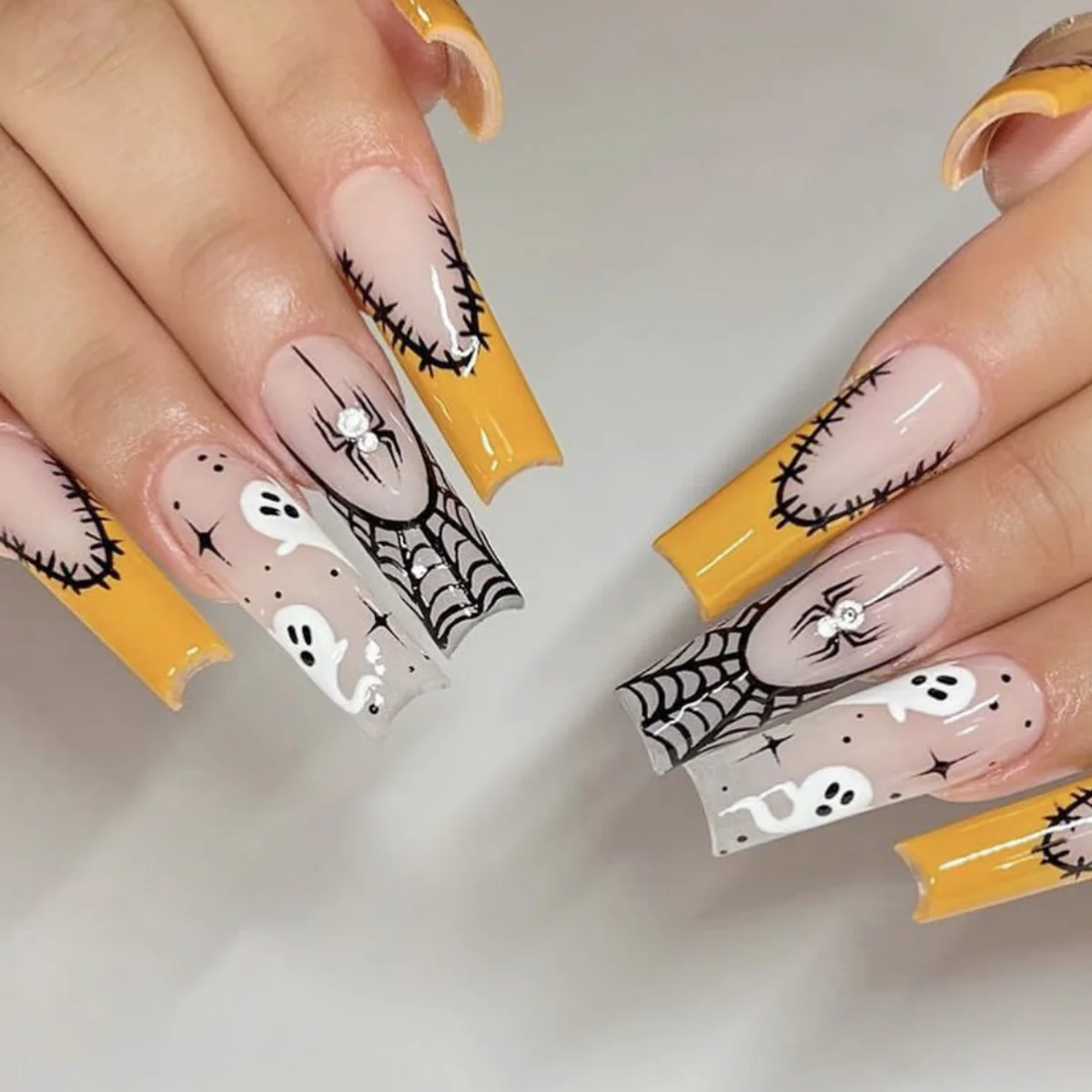 Halloween Themed Long Square Press On Nail Set in Yellow and Transparent with Spooky Ghosts and Spider Web Designs