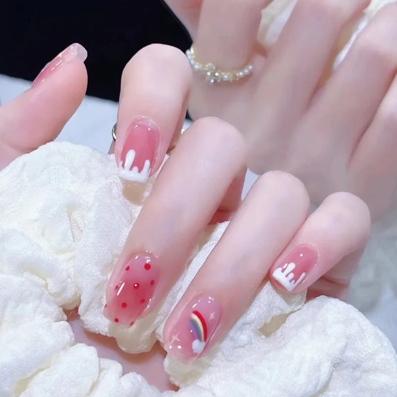 Happiness Rules Medium Square Multicolor Rainbow Press On Nails