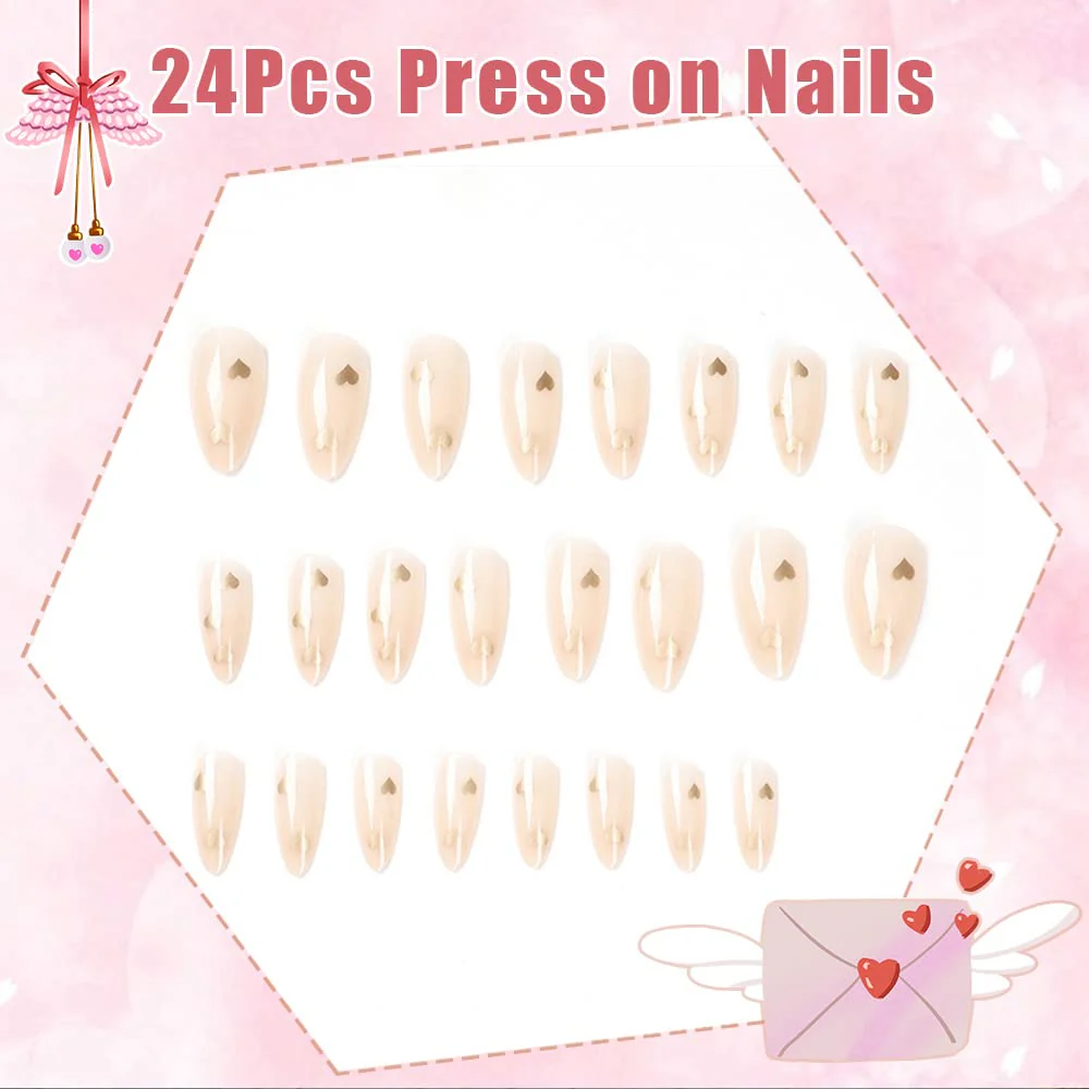 Heart Of Gold Long Oval Beige Hearts Press On Nails - Image 2