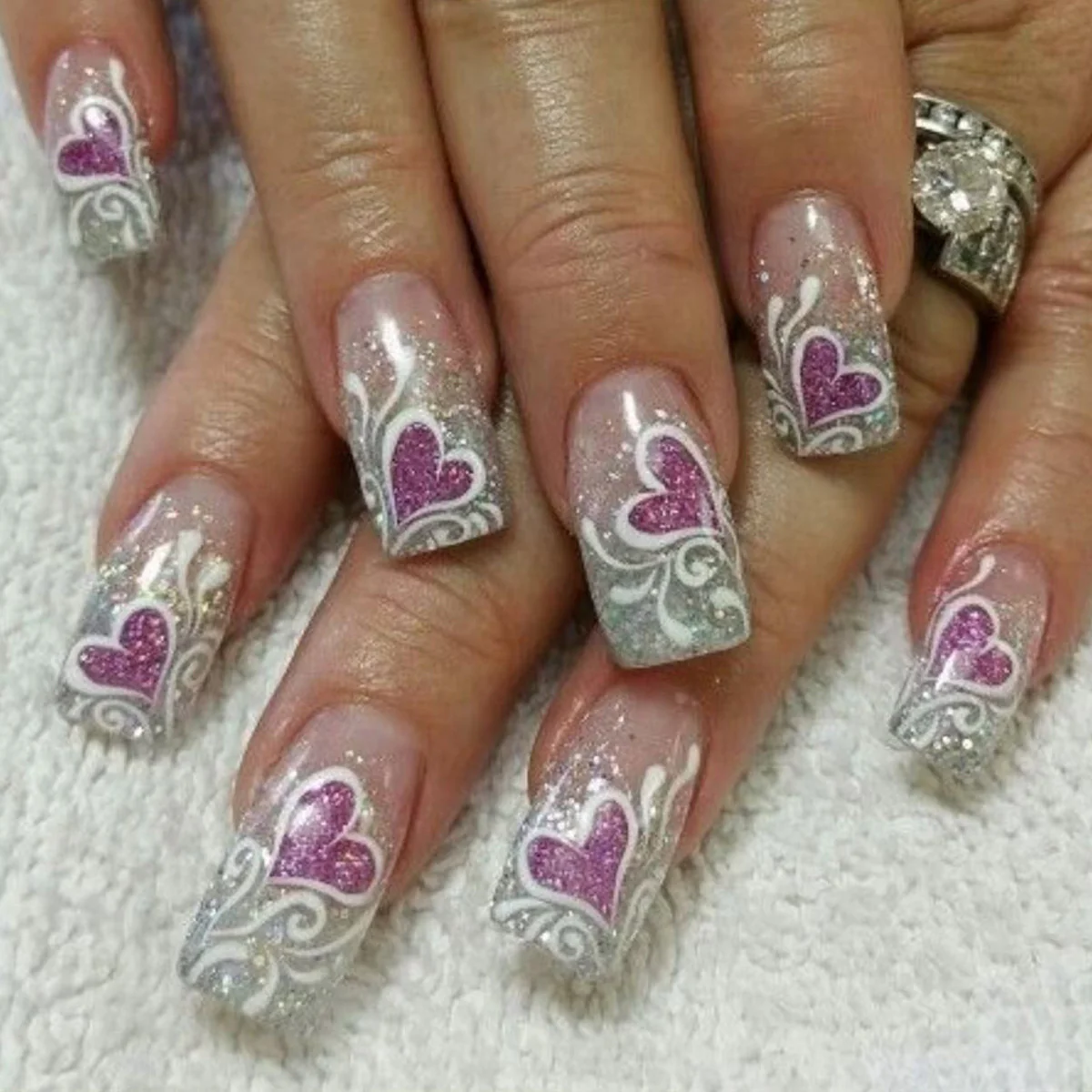 Heartfelt Glamour Medium Square Shaped Clear and Silver Glitter Press On Nail Set with Purple Heart Designs