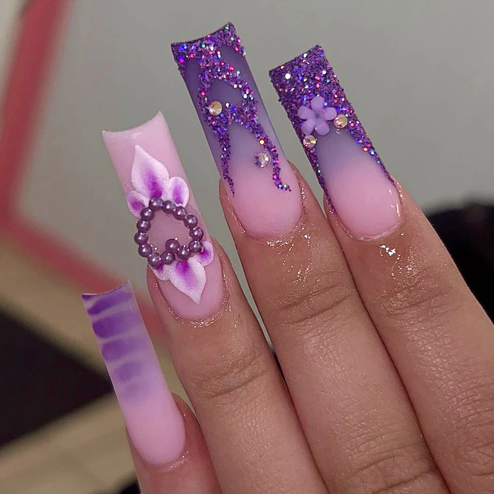 Hearts And Glitter Long Square Purple Glam Press On Nails