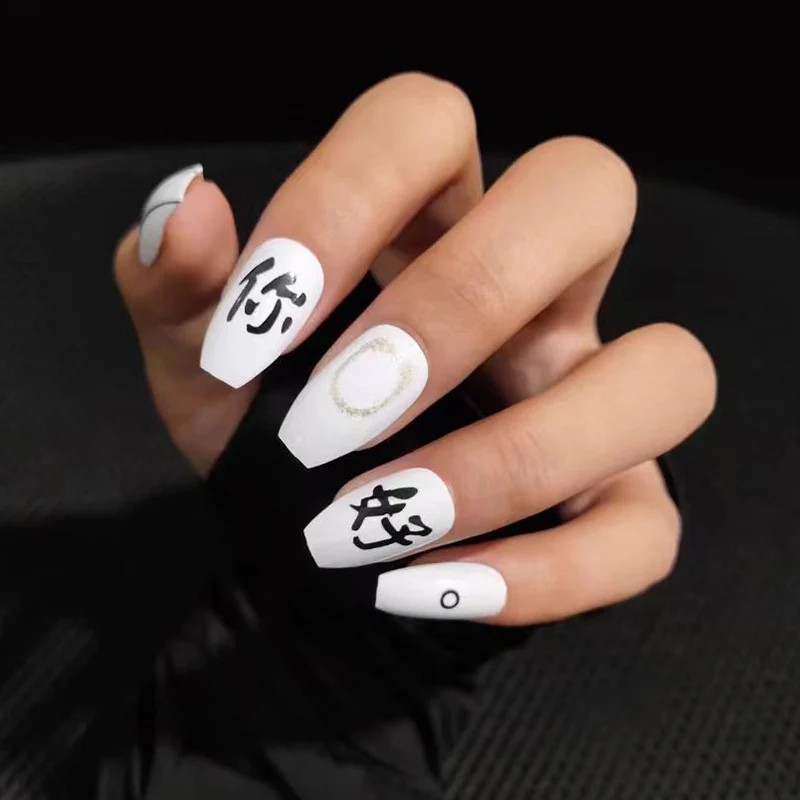 Hello Hello Medium Coffin White Bold Press On Nails