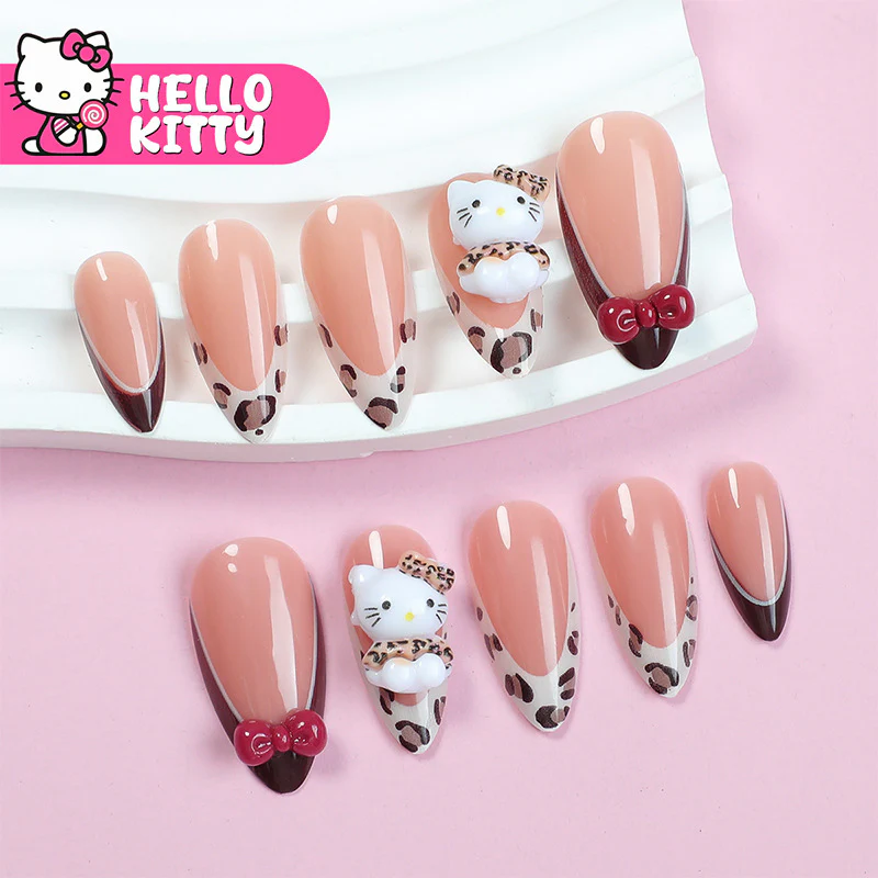 Hello Kitty Inspired Elegant Medium Almond Beige With Chic Leopard Tips And Adorable Character Accent Press On Nail Set
