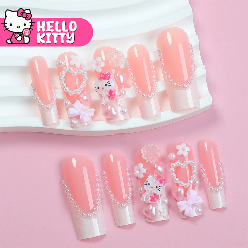 Hello Kitty Inspired Long Square Pink Press On Nail Set With Cute Pearl And Gem Accents