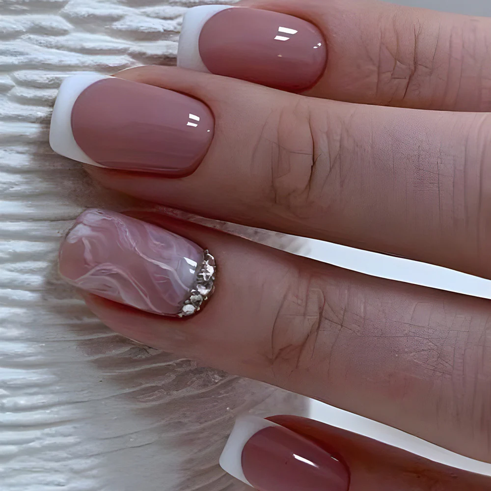 High End Medium Square White Studded Press On Nails