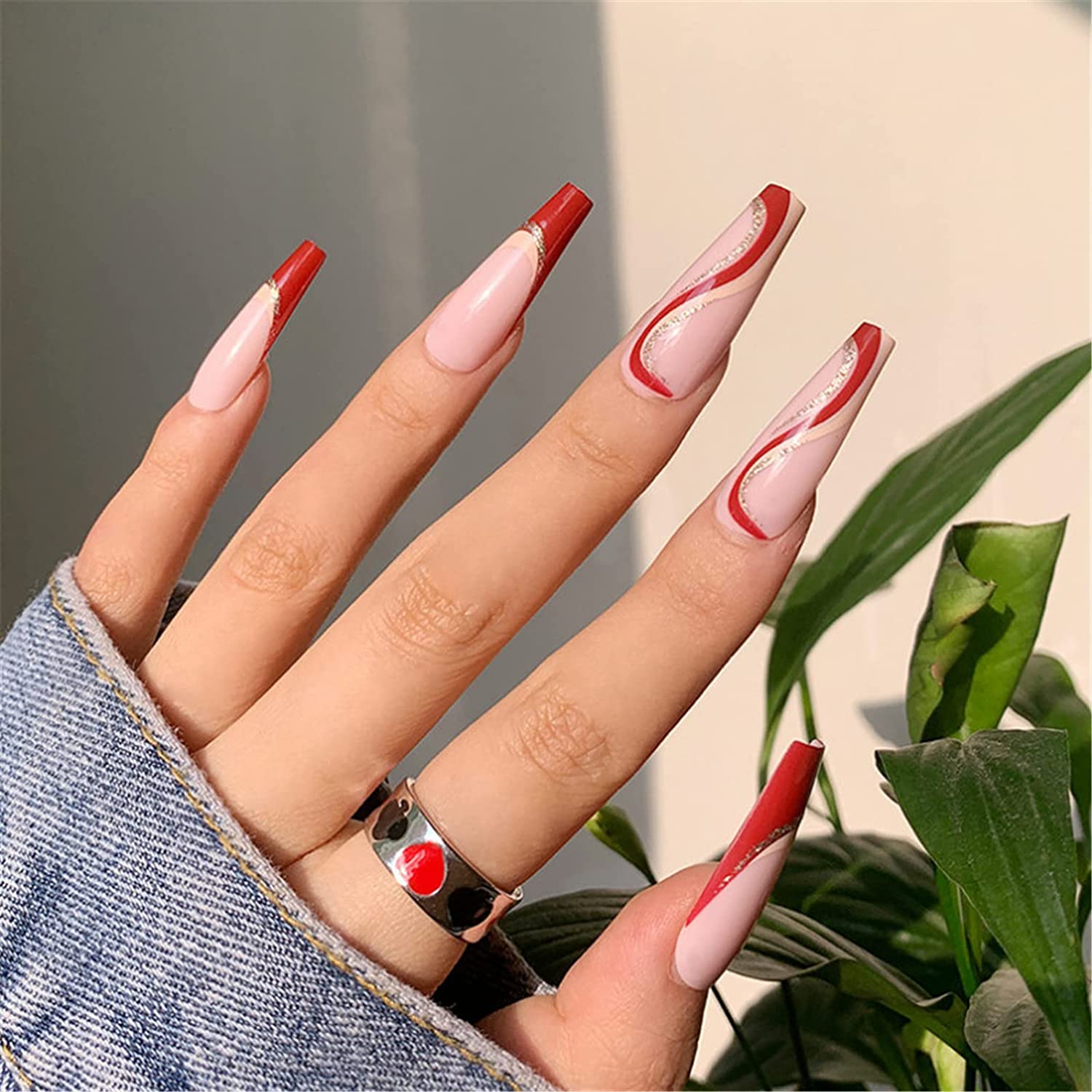 Holiday Party Long Square Red Winter Press On Nails - Image 4
