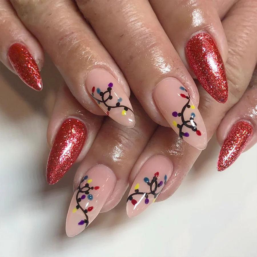 Holiday Sparkle Long Almond Red Glitter and Colorful Light String Press On Nail Set