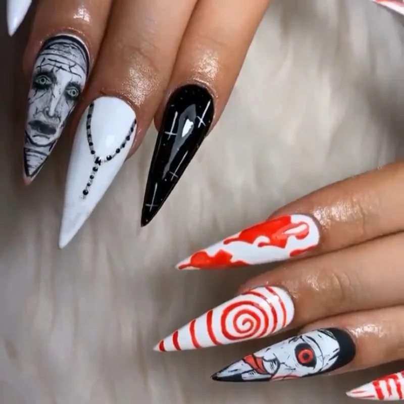 Horror Movie Themed Extra Long Stiletto Press On Nail Set In Black And White With Intricate Character Art Designs