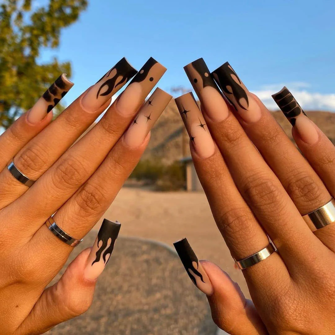 Hot Yin Yang Long Square Black Flames Press On Nails