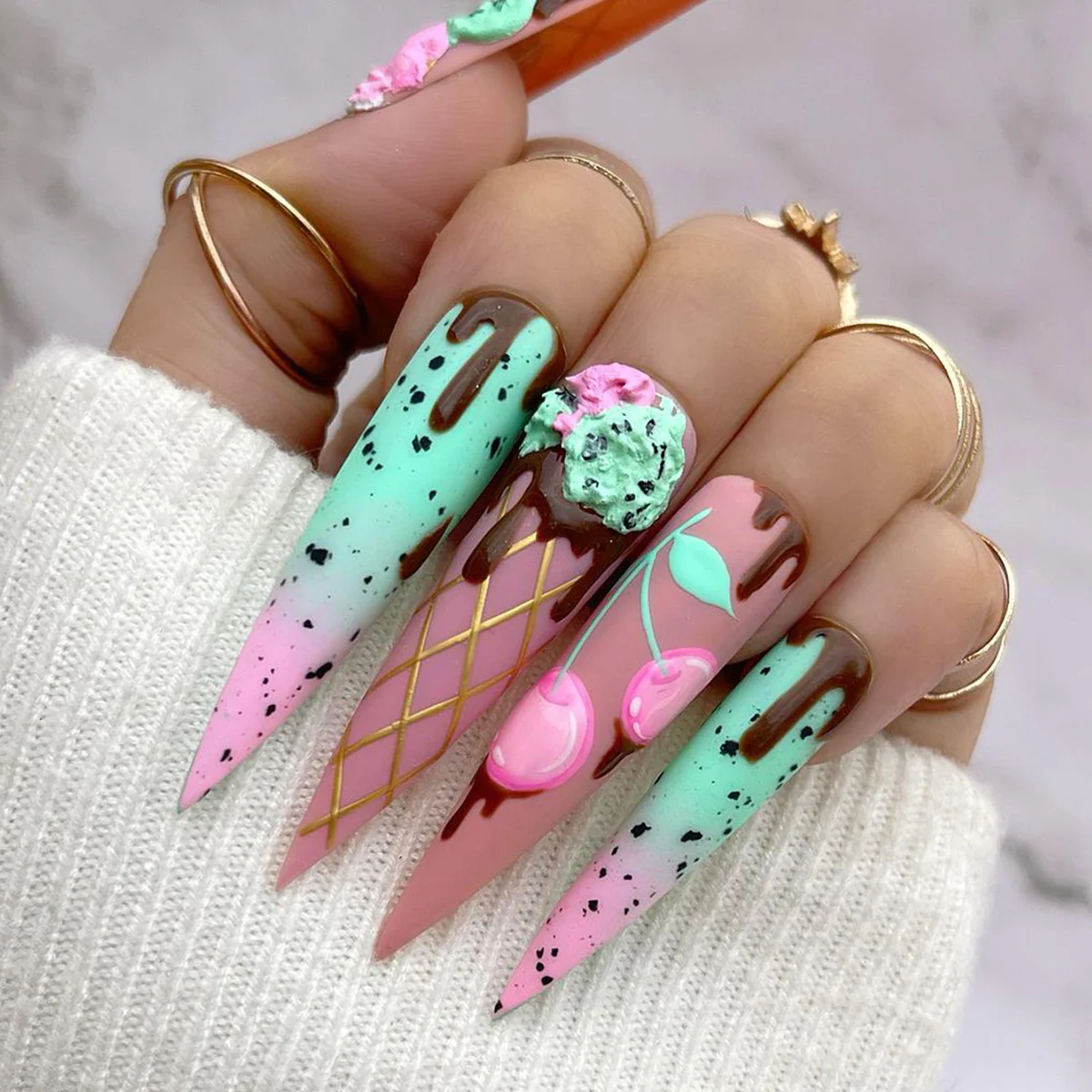 Ice Cream Cone Long Stiletto Multicolor Bold Press On Nails