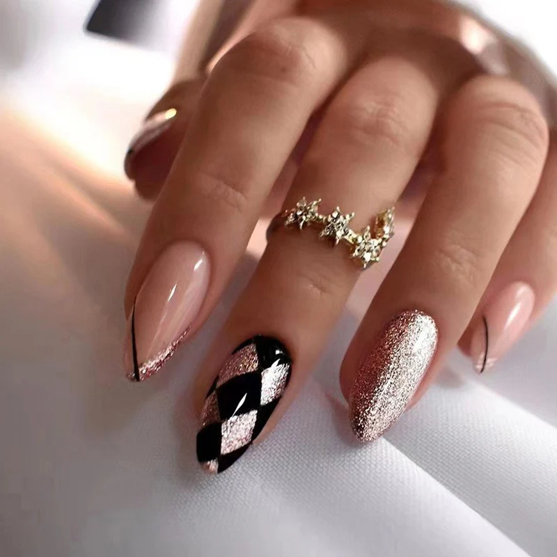 In Charge Medium Oval Gold Glitter Press On Nails