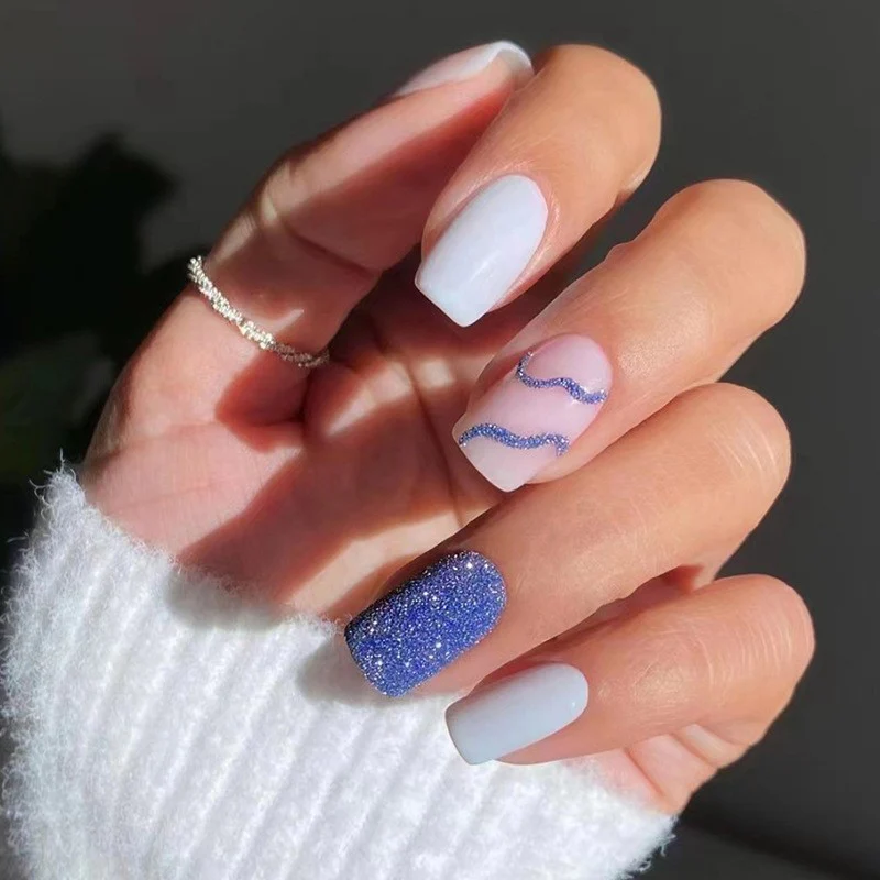 Initial Reaction Medium Square Blue Glitter Press On Nails