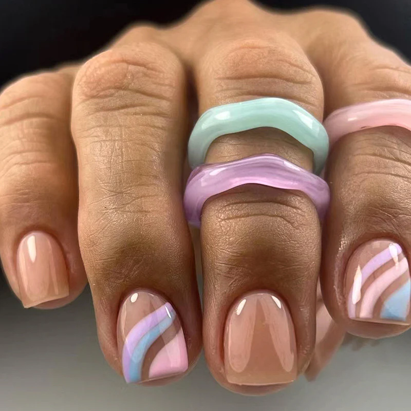 Interrupted Short Square Pink Groovy Press On Nails