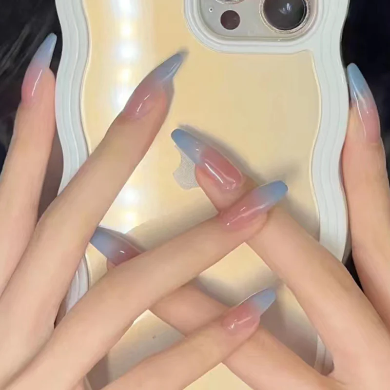 Iridescent Dream Long Stiletto Pink to Blue Gradient Press On Nail Set