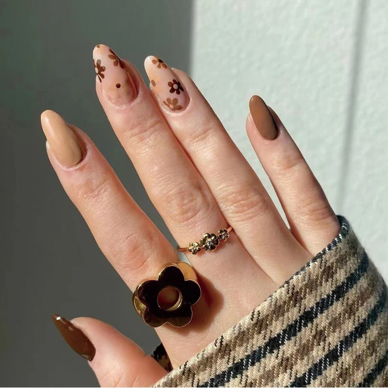 Jan's Flowers Long Almond Brown Fall Press On Nails