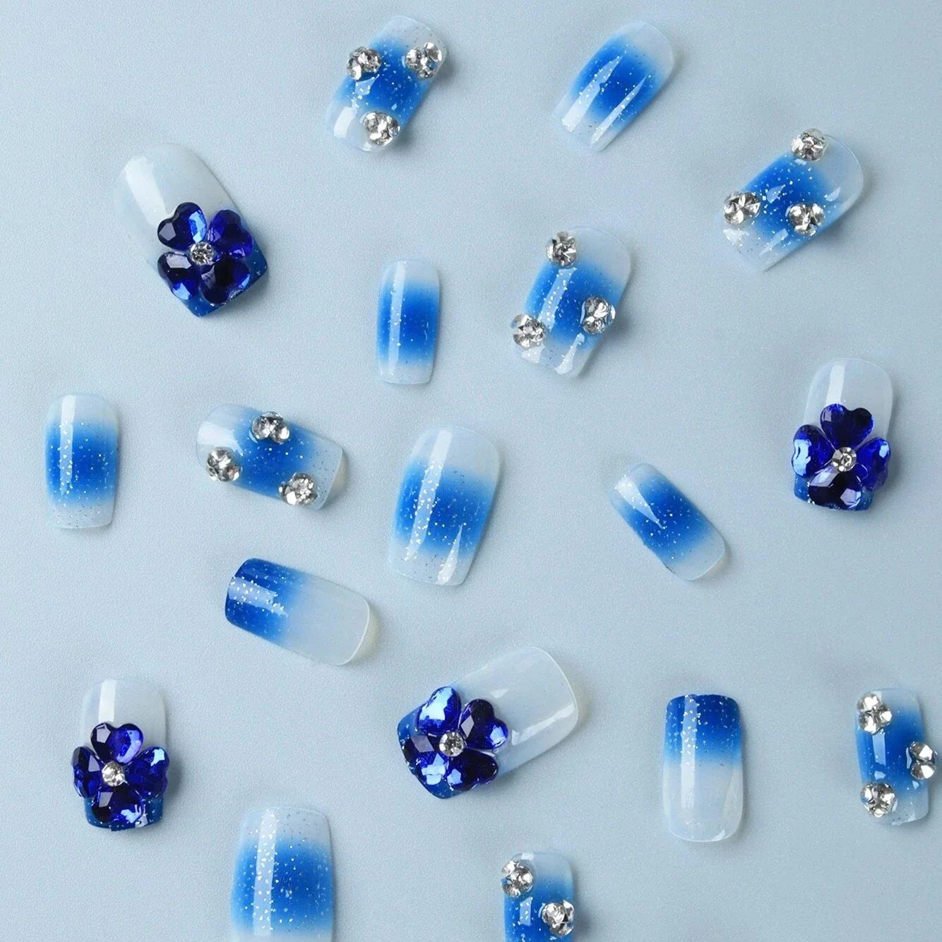 Jelly Flowers Short Square Blue Studded Press On Nails - Image 2