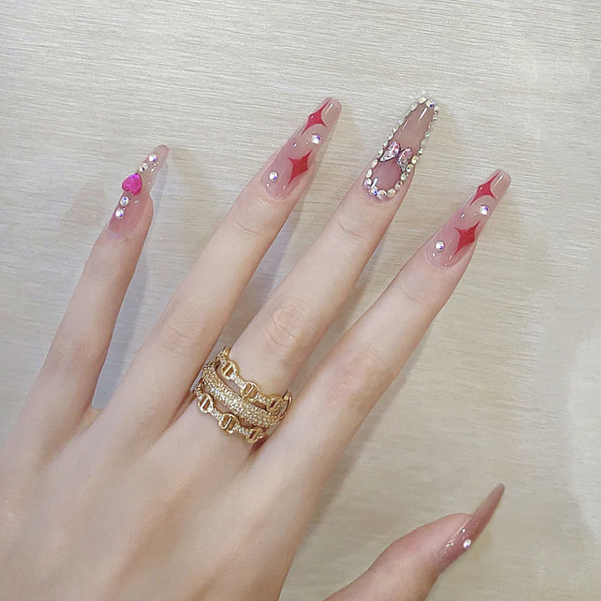 Keep Loving Long Coffin Pink Hearts Press On Nails