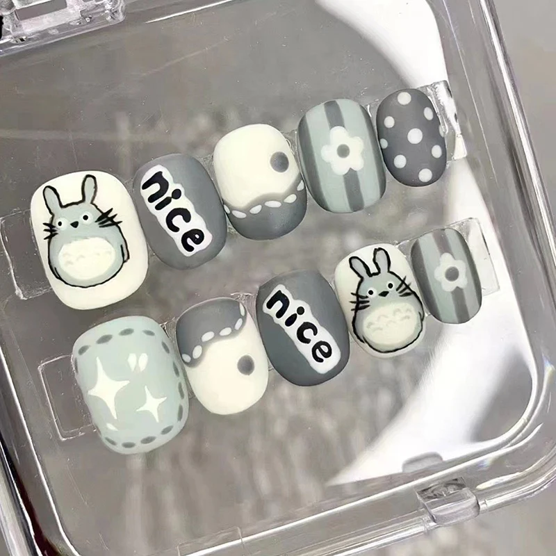 Kids Nice Sweet Short Squoval Gray Cartoon Press On Nails