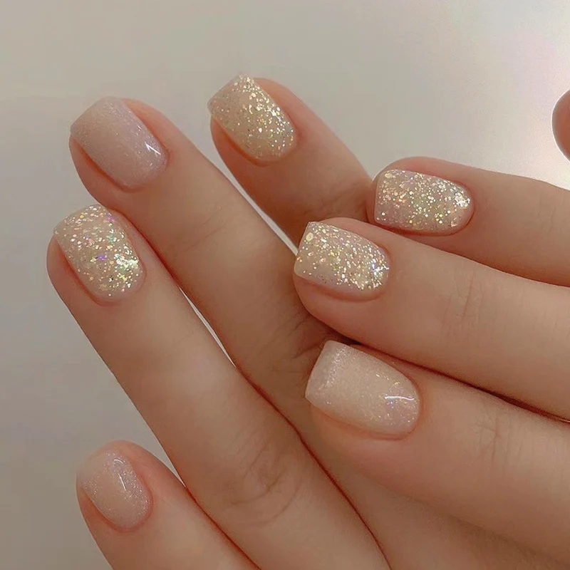 Kind Of Funny Short Square Gold Glitter Press On Nails
