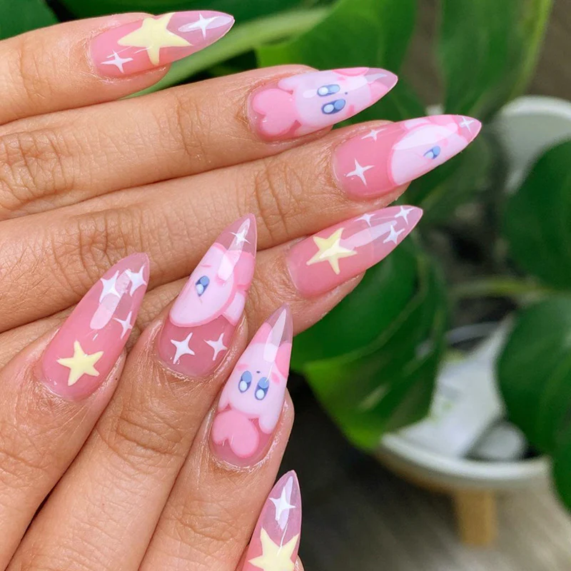 Kirby Smash Medium Almond Pink Cartoon Press On Nails