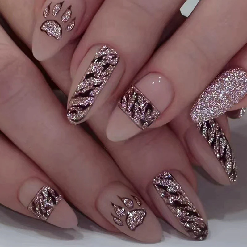 Kitty Queen Medium Oval Pink Leopard Press On Nails