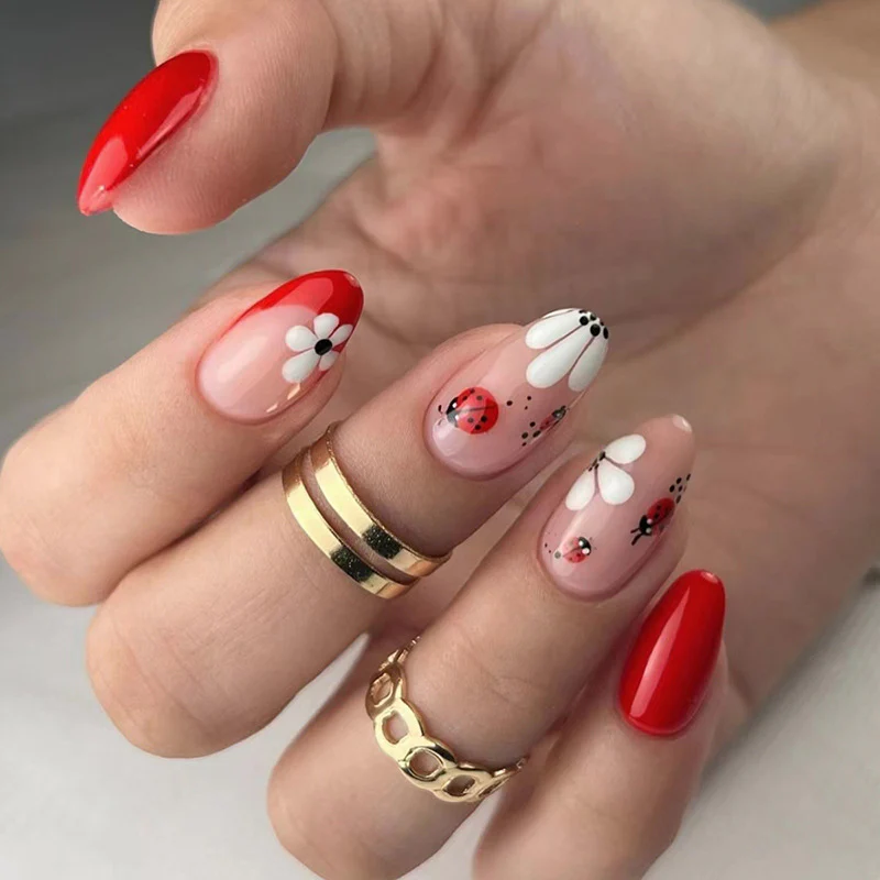 Ladybugs Medium Almond Red Cute Press On Nails