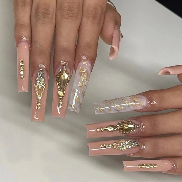 L'amor Long Coffin Beige Glam Press On Nails