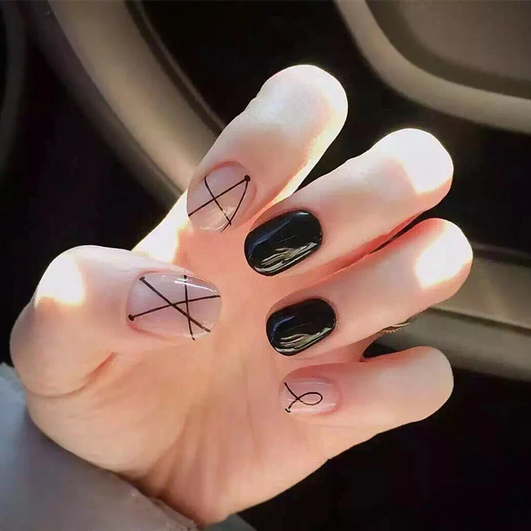 Last Hope Short Squoval Black Geometric Press On Nails