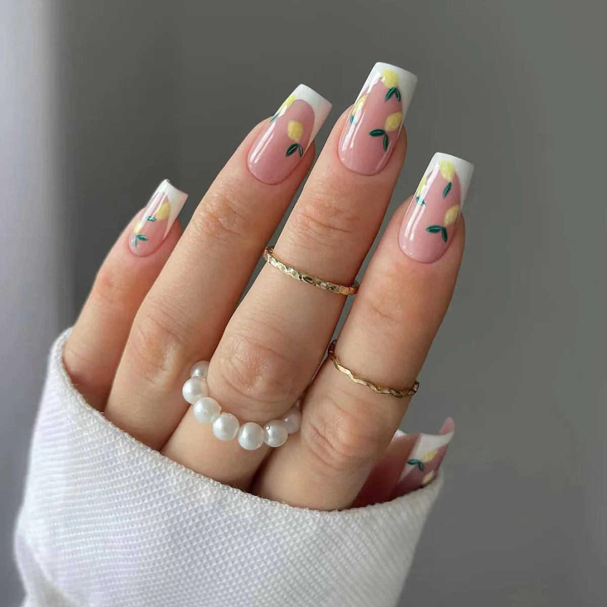 Lemon Blossom Charm Long Square Pastel Pink with Floral Accents Press On Nail Set