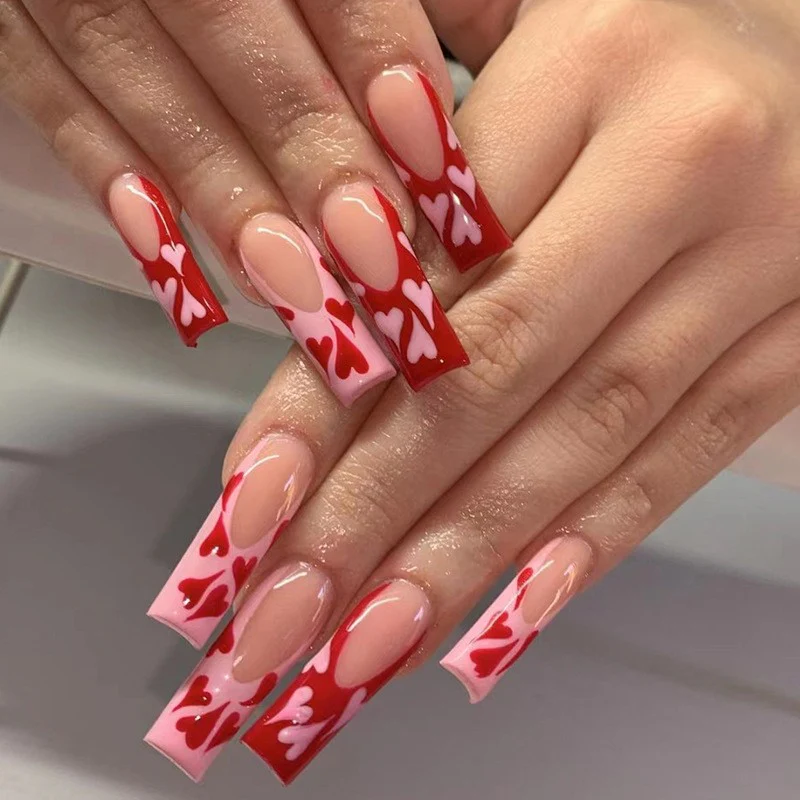 Let It Go Long Square Red Hearts Press On Nails