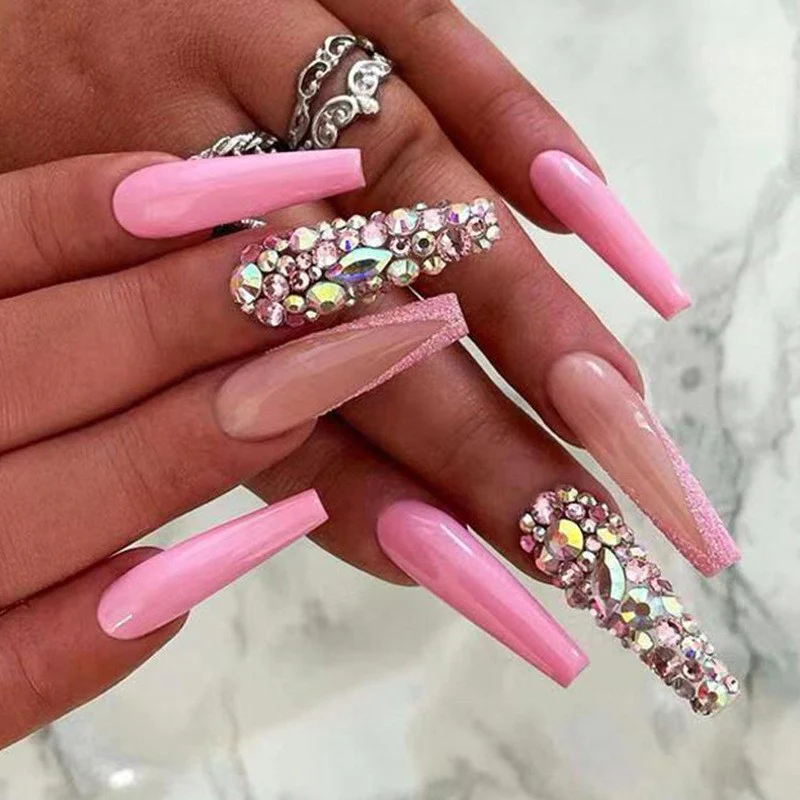 Let's Link Up Long Coffin Pink Bold Press On Nails