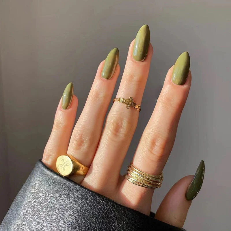 Burn The Sage Long Almond Green Everyday Press On Nails