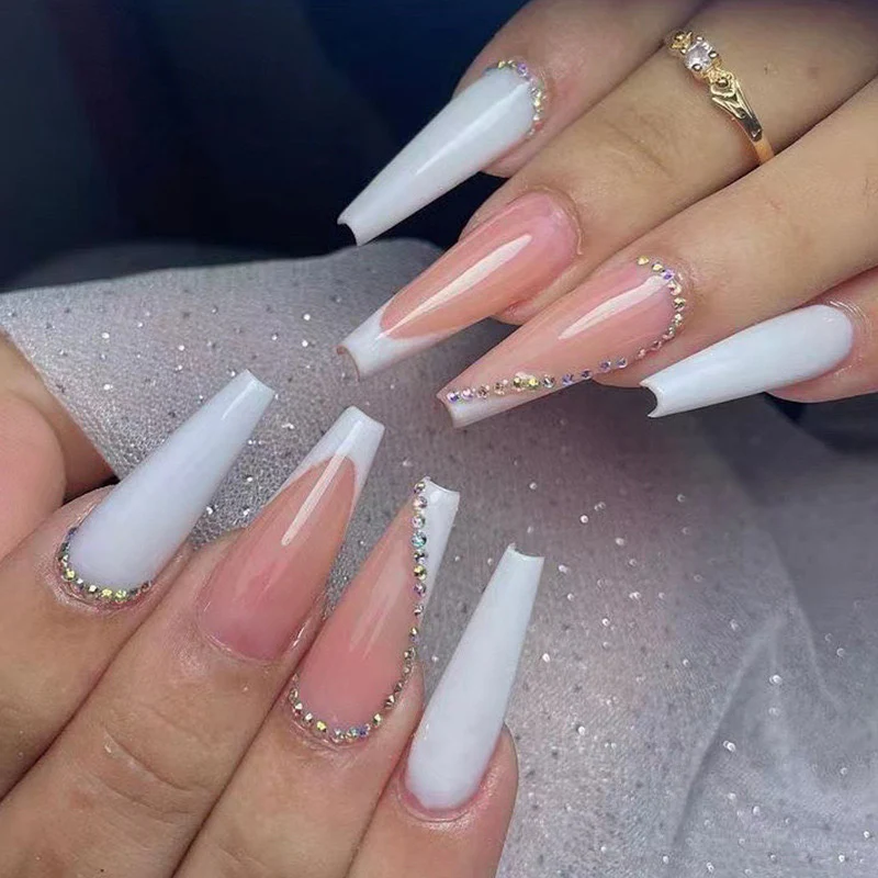 Long Coffin Gradient French Tip Press-On Nails with Ombre White to Beige Design and Crystal Rhinestone Embellishments