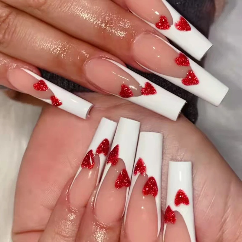 Love Spark Extra Long Coffin Press On Nail Set, Beige with White Tips and Red Glitter Hearts Design