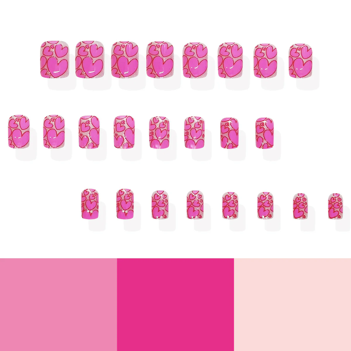 Love Struck Heart Shaped Short Square Pink Press On Nail Set Featuring Charming Heart Patterns and Glossy Finish