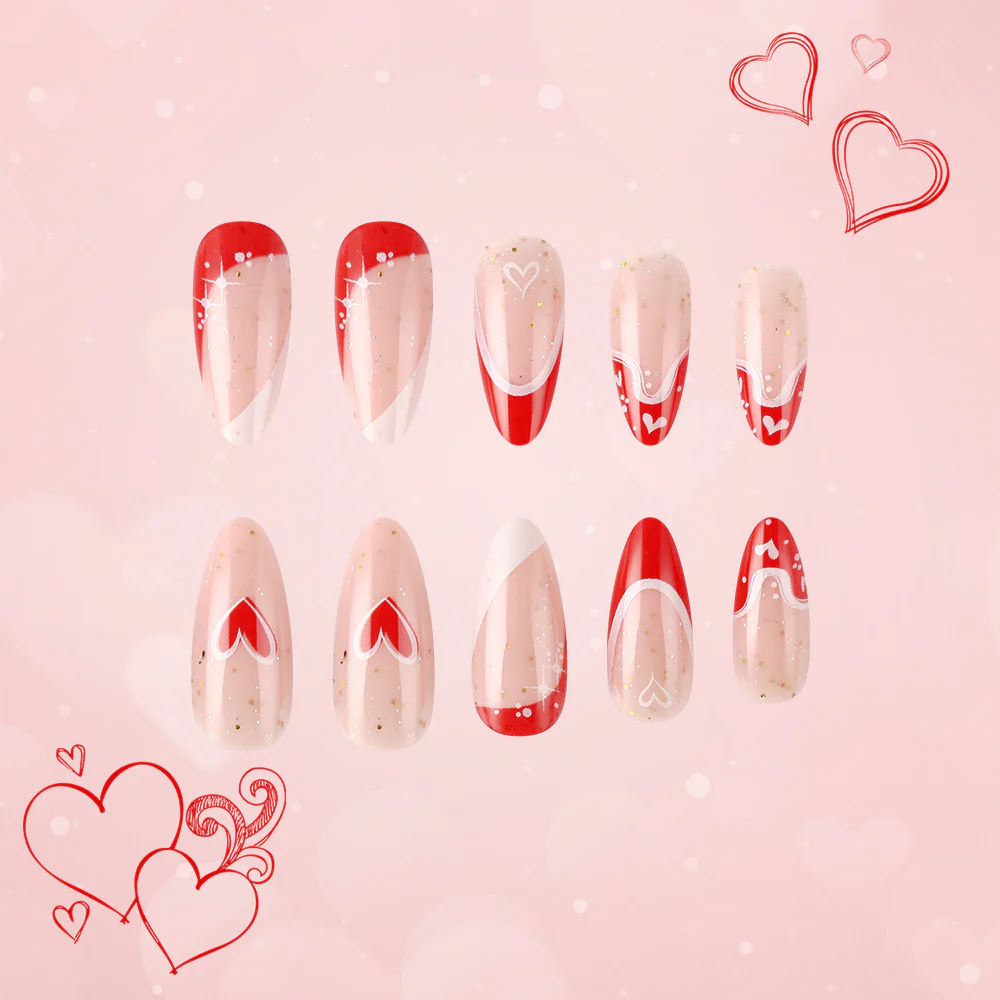 Love Struck Medium Almond Red and Beige Gradient with Heart Designs Press on Nail Set