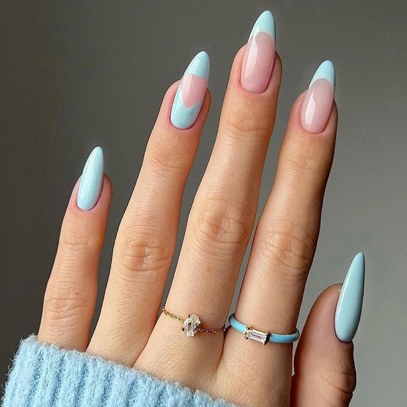 Low Profile Medium Oval Blue French Tips Press On Nails