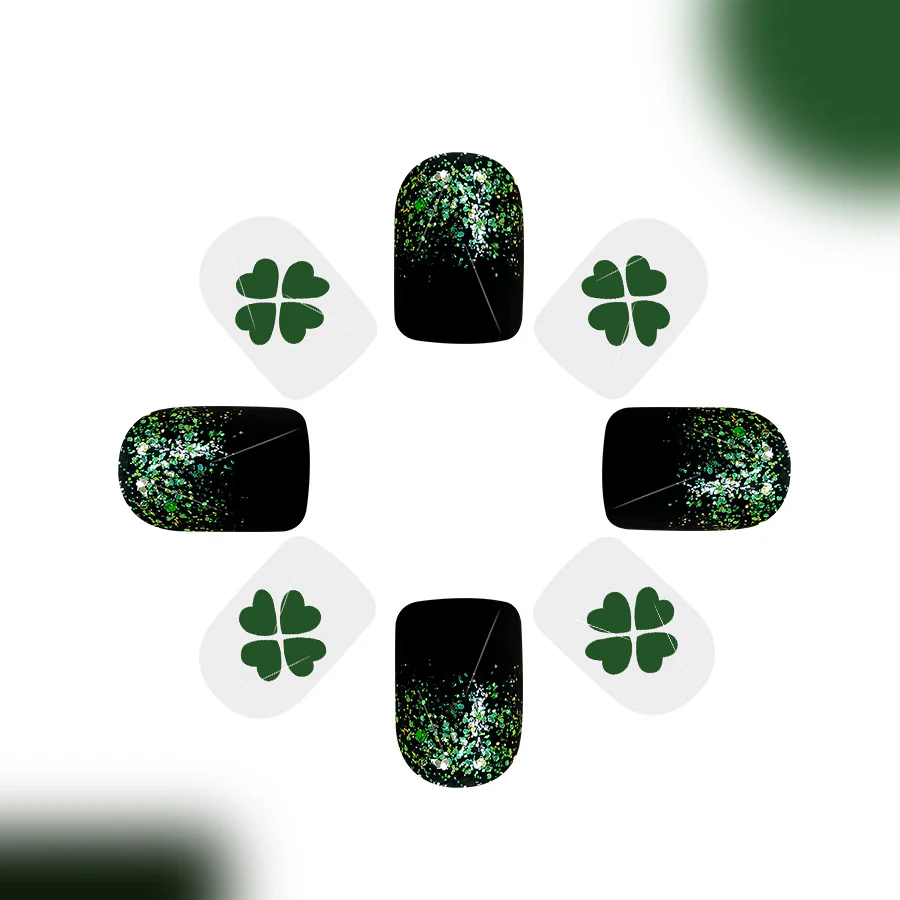 Lucky Charm Black and Green Short Square Glitter Press On Nail Set